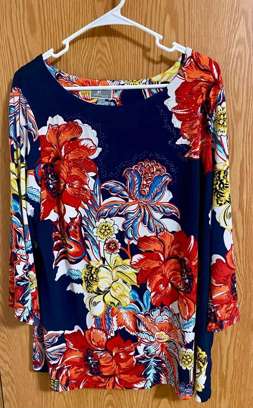JM Collection Floral Blouse Size 2X Navy Blue Rhinestone Accents